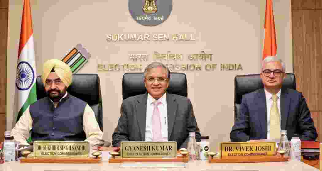 Chief Election Commissioner Gyanesh Kumar (C) with Election Commissioners Vivek Joshi (R) and Sukhbir Singh Sandhu at the Election Commission of India headquarters in New Delhi. Chief Election Commissioner Gyanesh Kumar (C) with Election Commissioners Vivek Joshi (R) and Sukhbir Singh Sandhu at the Election Commission of India headquarters in New Delhi.