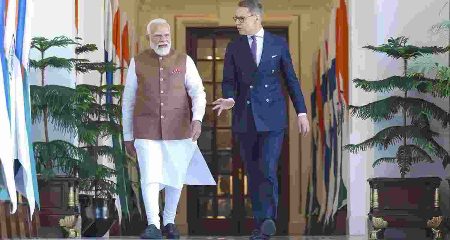 Prime Minister Narendra Modi with Finland President Alexander Stubb, at Hyderabad House in New Delhi. Prime Minister Narendra Modi with Finland President Alexander Stubb, at Hyderabad House in New Delhi.