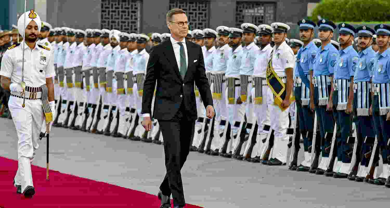 Finnish President Alexander Stubb receives a Guard of Honour on arrival at Palam Air Force Station in New Delhi on Wednesday. Finnish President Alexander Stubb receives a Guard of Honour on arrival at Palam Air Force Station in New Delhi on Wednesday.