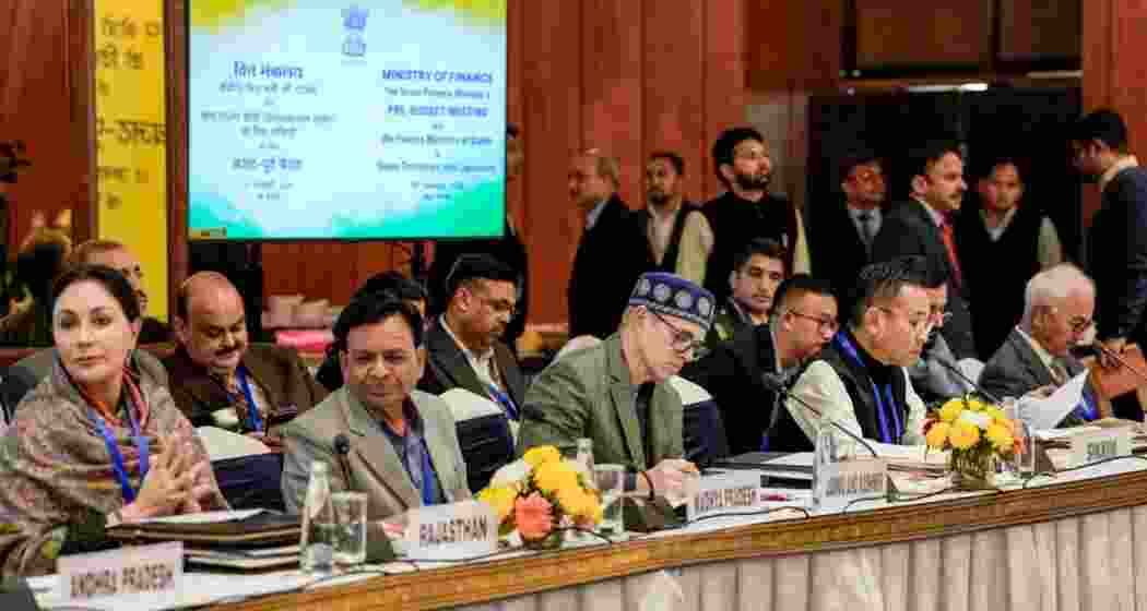 (From left) Rajasthan Finance Minister Diya Kumari, Madhya Pradesh Finance Minister Jagdish Devda, Jammu and Kashmir Chief Minister Omar Abdullah, Sikkim Chief Minister Prem Singh Tamang and Manipur Governor Ajay Kumar Bhalla during a pre-Budget meeting in New Delhi on Saturday. (From left) Rajasthan Finance Minister Diya Kumari, Madhya Pradesh Finance Minister Jagdish Devda, Jammu and Kashmir Chief Minister Omar Abdullah, Sikkim Chief Minister Prem Singh Tamang and Manipur Governor Ajay Kumar Bhalla during a pre-Budget meeting in New Delhi on Saturday.