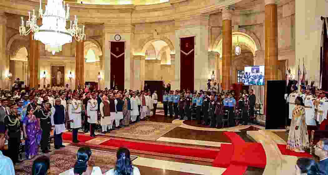President Droupadi Murmu and others during the Defence Investiture Ceremony in 2026 (Phase I) for gallantry awards at Rashtrapati Bhavan, in New Delhi on Monday. President Droupadi Murmu and others during the Defence Investiture Ceremony in 2026 (Phase I) for gallantry awards at Rashtrapati Bhavan, in New Delhi on Monday.