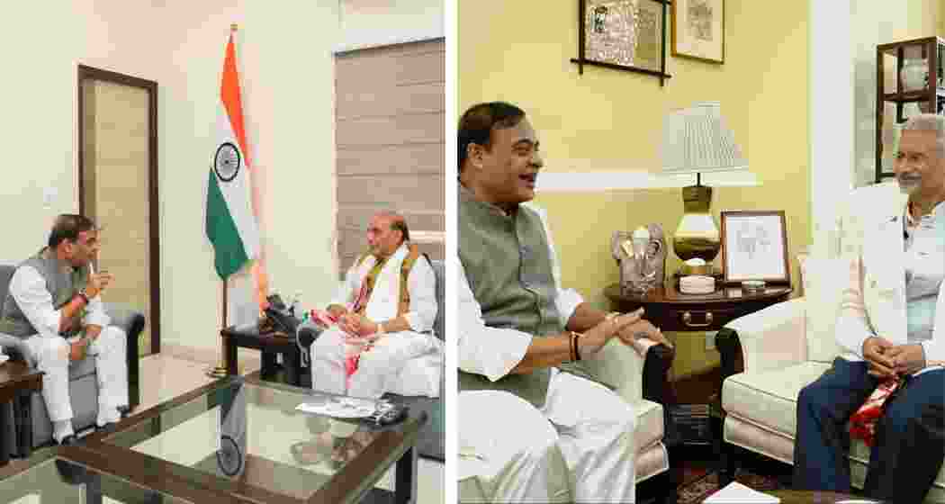 Assam Chief Minister Himanta Biswa Sarma meets Defence Minister Rajnath Singh (Left) and External Affairs Minister S. Jaishankar (Right) in New Delhi on Sunday to discuss defence, trade and tourism opportunities. Assam Chief Minister Himanta Biswa Sarma meets Defence Minister Rajnath Singh (Left) and External Affairs Minister S. Jaishankar (Right) in New Delhi on Sunday to discuss defence, trade and tourism opportunities.