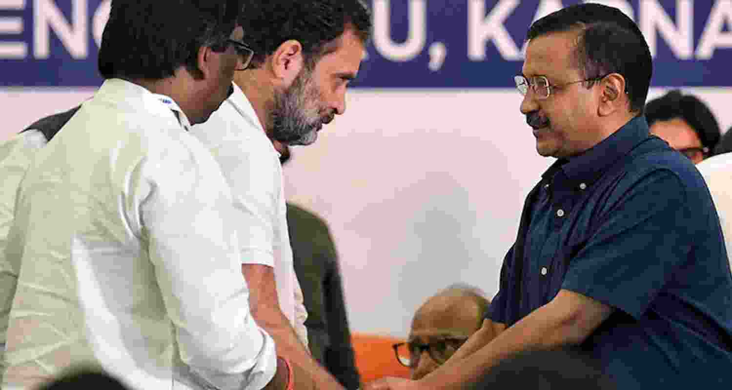 Jharkhand CM Hemant Soren, Congress leader Rahul Gandhi and AAP national convenor Arvind Kejriwal at an INDIA bloc event. (File photo) Jharkhand CM Hemant Soren, Congress leader Rahul Gandhi and AAP national convenor Arvind Kejriwal at an INDIA bloc event. (File photo)