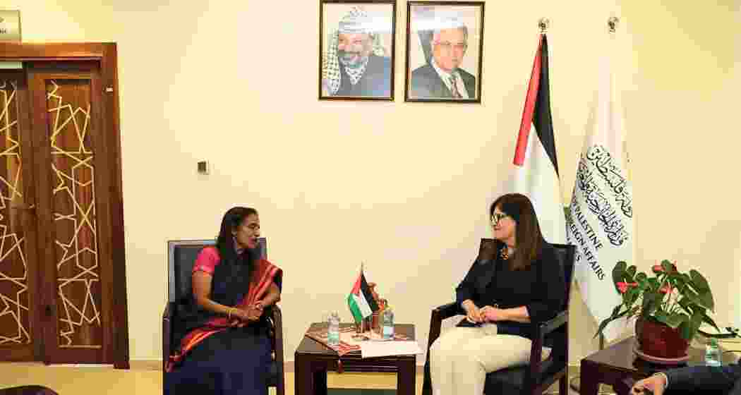 External Affairs Ministry Secretary Sripriya Ranganathan meets Palestinian Foreign Minister Varsen Aghabekian Shahin during her official visit to Palestine. External Affairs Ministry Secretary Sripriya Ranganathan meets Palestinian Foreign Minister Varsen Aghabekian Shahin during her official visit to Palestine.