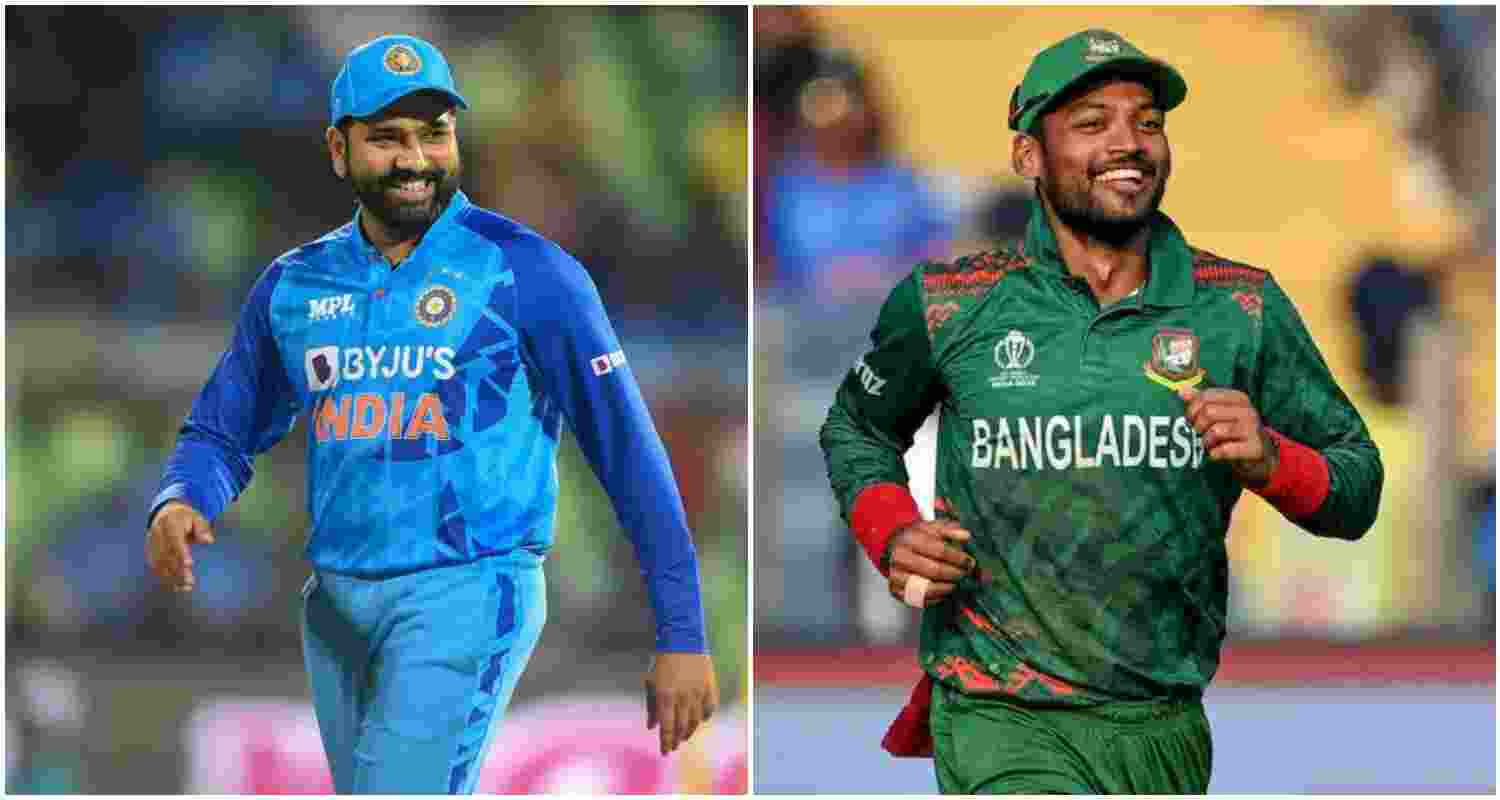 Indian skipper Rohit Sharma (L), Bangladesh skipper Najmul Hossain Shanto (R). Indian skipper Rohit Sharma (L), Bangladesh skipper Najmul Hossain Shanto (R).
