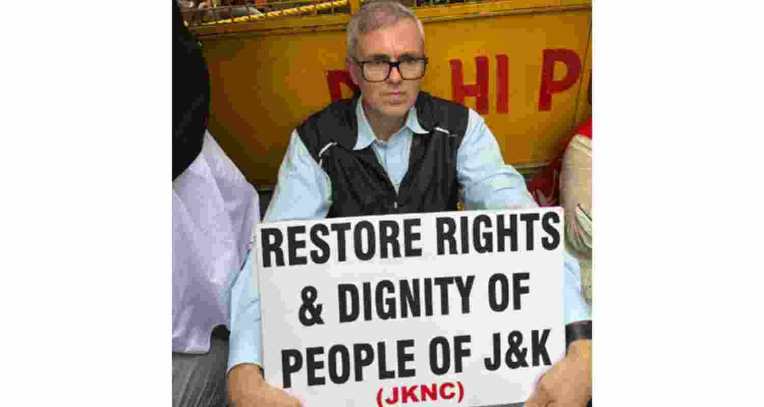 Jammu and Kashmir Chief Minister Omar Abdullah during a protest at Jantar Mantar on Monday. Jammu and Kashmir Chief Minister Omar Abdullah during a protest at Jantar Mantar on Monday.