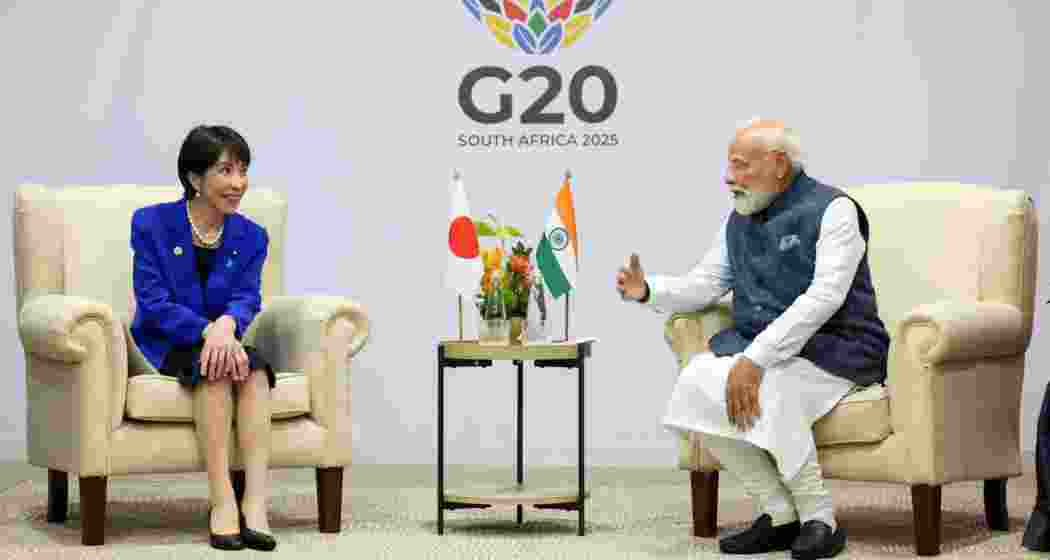 Prime Minister Narendra Modi (R) with his Japanese counterpart Sanae Takaichi (L) on the sidelines of the G20 Summit in Johannesburg. Prime Minister Narendra Modi (R) with his Japanese counterpart Sanae Takaichi (L) on the sidelines of the G20 Summit in Johannesburg.