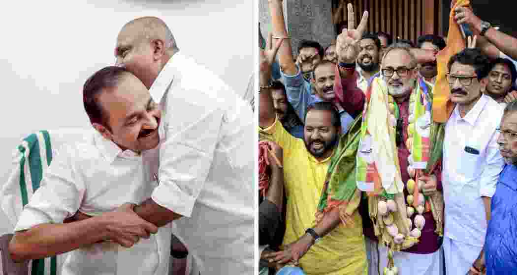 Leader of Opposition V D Satheesan celebrates his Paravur win, while BJP state chief Rajeev Chandrasekhar marks victory in Nemom during Kerala Assembly results on May 4, 2026. Leader of Opposition V D Satheesan celebrates his Paravur win, while BJP state chief Rajeev Chandrasekhar marks victory in Nemom during Kerala Assembly results on May 4, 2026.