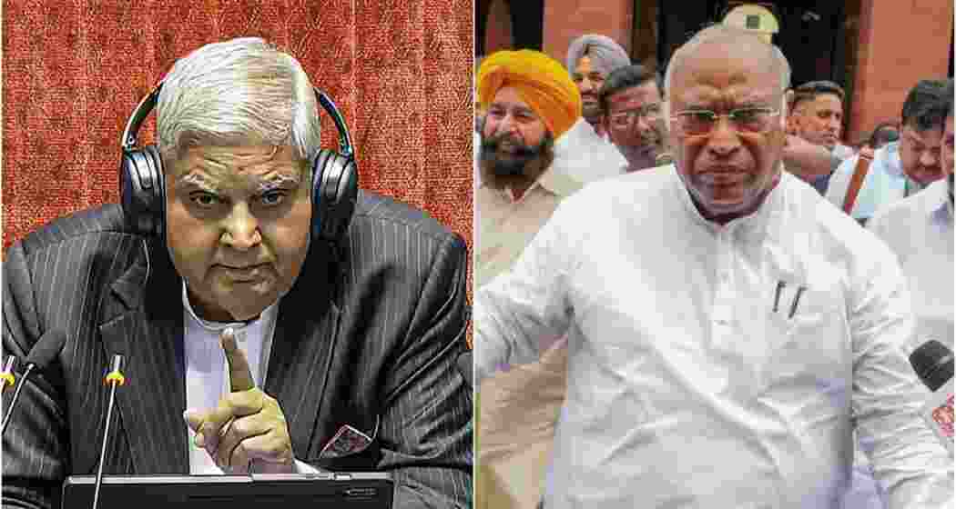 Rajya Sabha Chairperson Jagdeep Dhankhar (L), Senior Congress leader Mallikarjun Kharge (R). Rajya Sabha Chairperson Jagdeep Dhankhar (L), Senior Congress leader Mallikarjun Kharge (R).