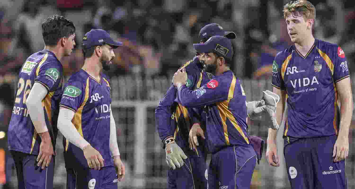 Kolkata Knight Riders' players celebrate after winning the Indian Premier League (IPL) 2026 T20 cricket match between Kolkata Knight Riders and Gujarat Titans, in Kolkata, West Bengal, Saturday, May 16, 2026. Kolkata Knight Riders' players celebrate after winning the Indian Premier League (IPL) 2026 T20 cricket match between Kolkata Knight Riders and Gujarat Titans, in Kolkata, West Bengal, Saturday, May 16, 2026.