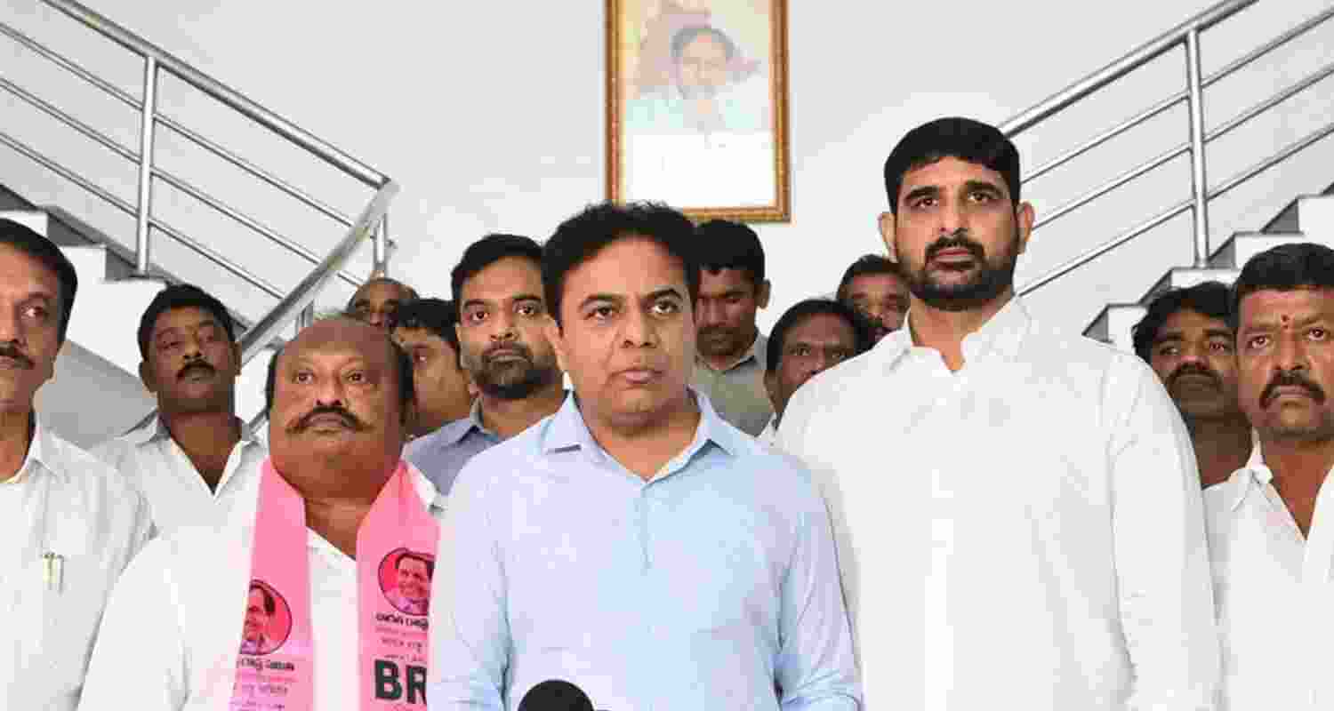 BRS Working President KT Rama Rao with party leaders and workers - file image via X. BRS Working President KT Rama Rao with party leaders and workers - file image via X.