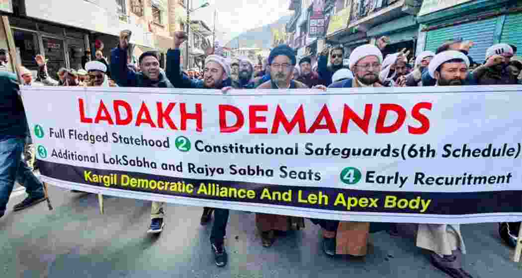 Locals in ladakh walk in a rally against the central government's recent decision to maintain Ladakh as a Union Territory without legislation. Locals in ladakh walk in a rally against the central government's recent decision to maintain Ladakh as a Union Territory without legislation.