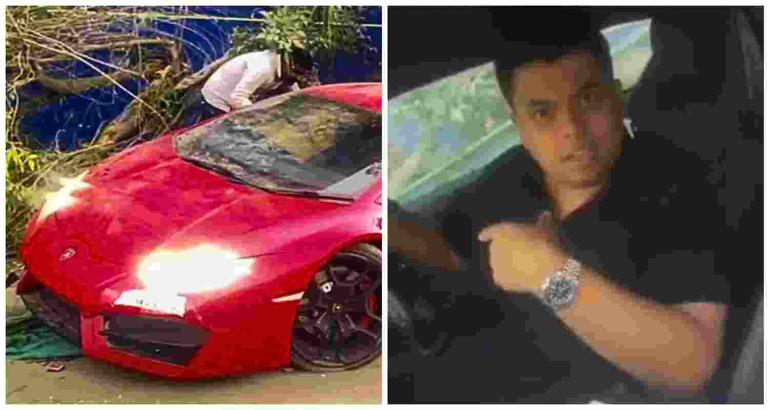 The Lamborghini involved in the accident in Noida’s Sector 94, where two pedestrians were injured. The accused driver, arrested by police, was seen asking if anyone had died before stepping out. The Lamborghini involved in the accident in Noida’s Sector 94, where two pedestrians were injured. The accused driver, arrested by police, was seen asking if anyone had died before stepping out.