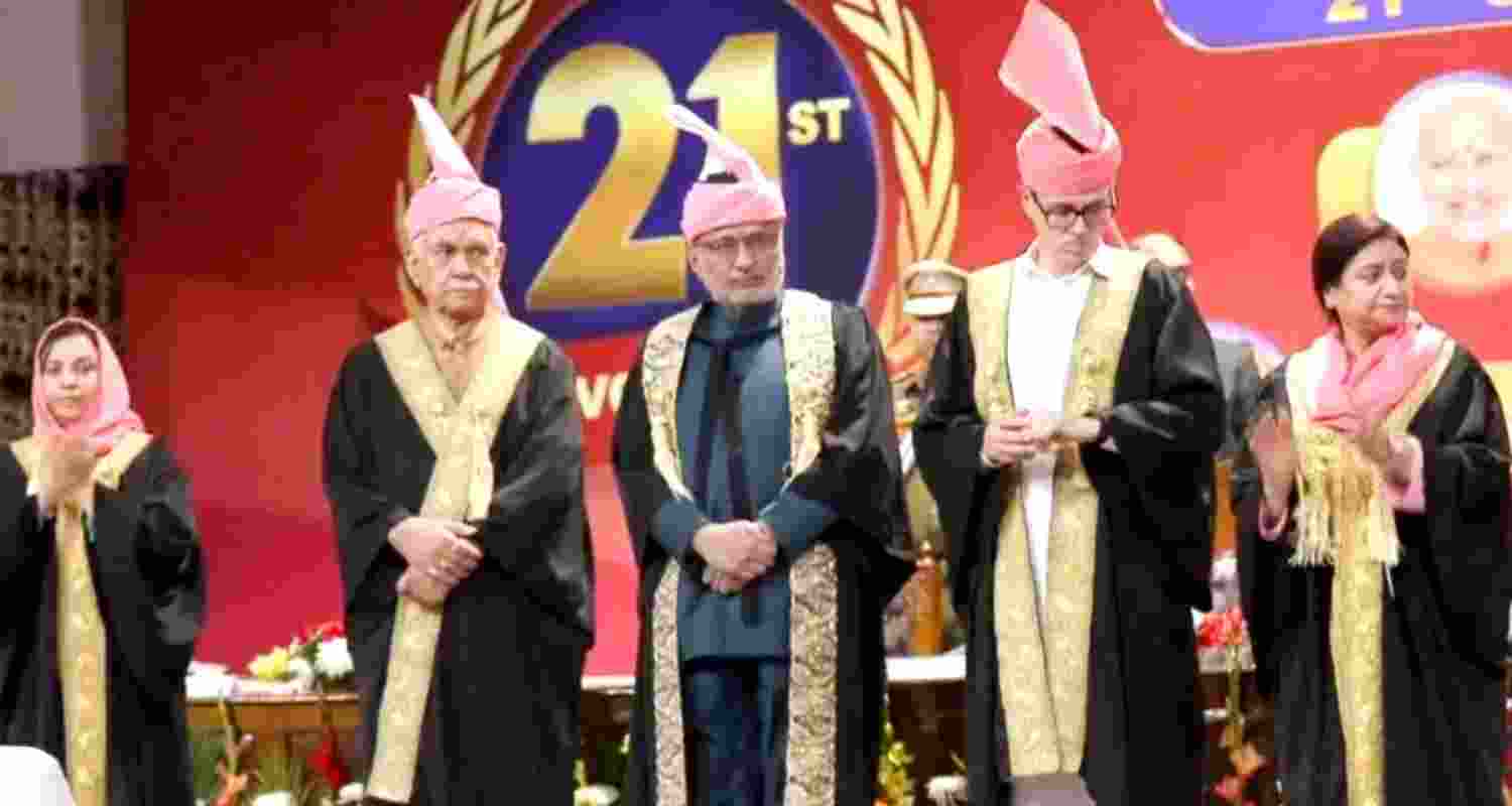 Lieutenant Governor Manoj Sinha, Vice President CP Radhakrishnan and Chief Minister Omar Abdullah at University of Kashmir in Srinagar. Lieutenant Governor Manoj Sinha, Vice President CP Radhakrishnan and Chief Minister Omar Abdullah at University of Kashmir in Srinagar.