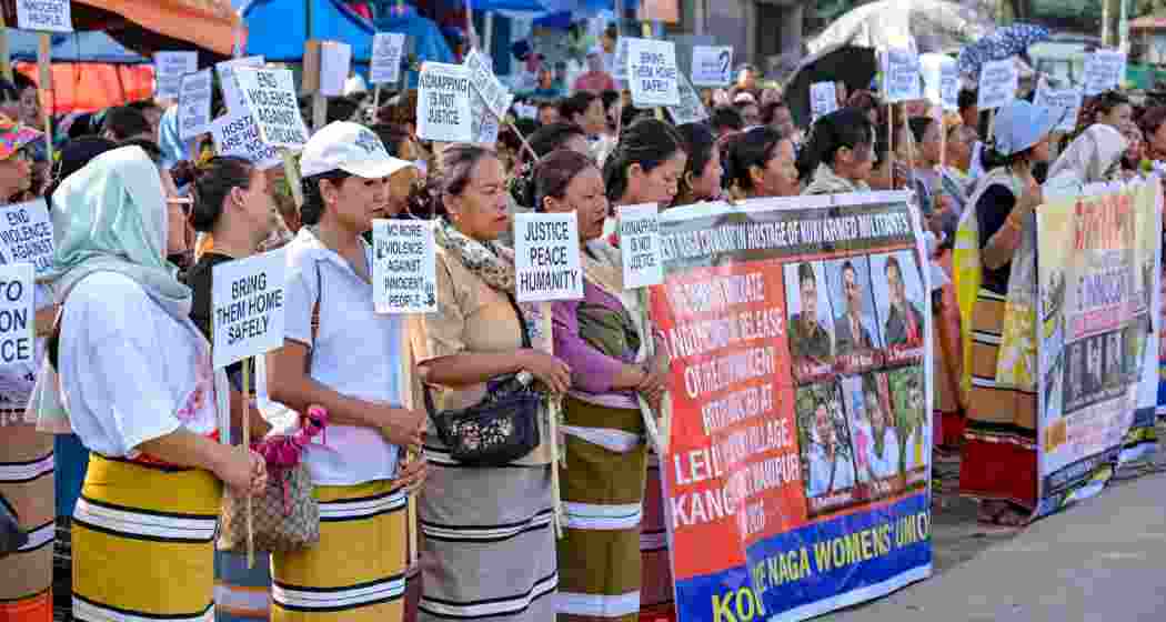 Women take part in a protest demanding the safe release of six missing Naga civilians, allegedly abducted by suspected armed militants following an ambush in Kangpokpi district on May 13, at Kanglatongbi village, in Imphal West district of Manipur, Wednesday, May 20, 2026. (PTI Photo) Women take part in a protest demanding the safe release of six missing Naga civilians, allegedly abducted by suspected armed militants following an ambush in Kangpokpi district on May 13, at Kanglatongbi village, in Imphal West district of Manipur, Wednesday, May 20, 2026. (PTI Photo)