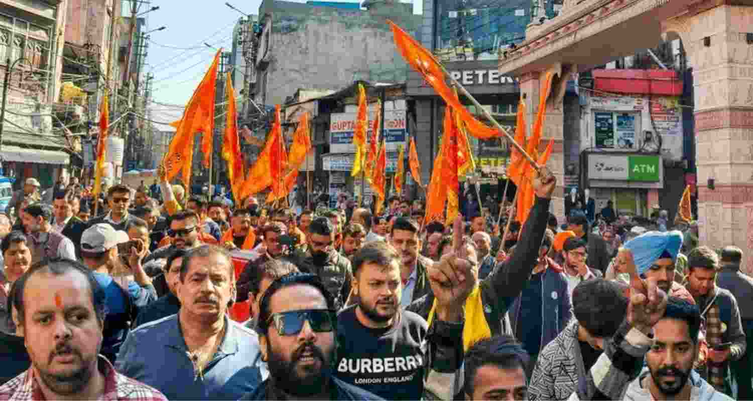 Members of Shri Mata Vaishno Devi Sangarsh Samiti protested outside Lok Bhawan in Jammu. Members of Shri Mata Vaishno Devi Sangarsh Samiti protested outside Lok Bhawan in Jammu.