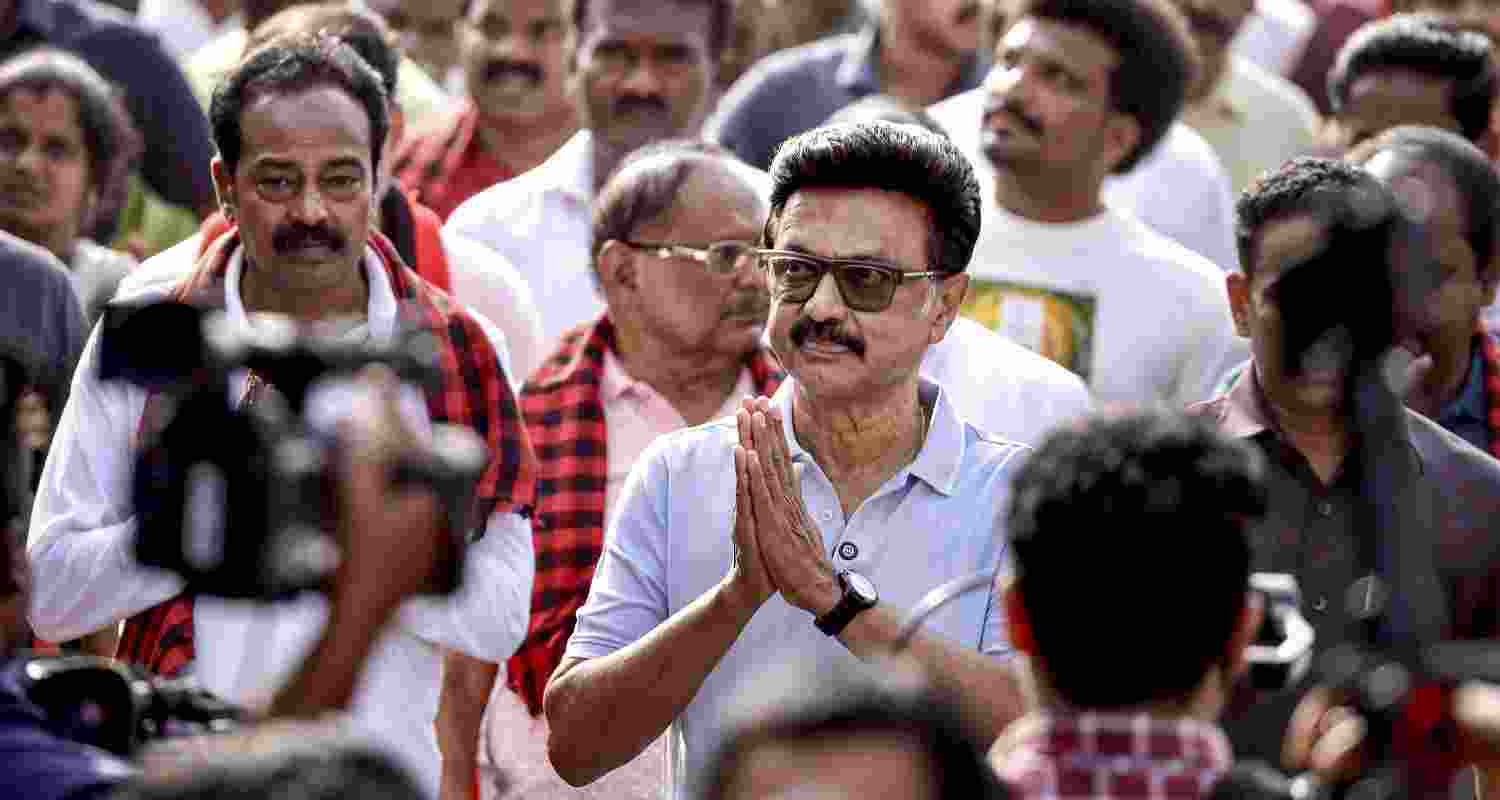Tamil Nadu Chief Minister and DMK candidate from Kolathur constituency, MK Stalin, during a voter outreach ahead of the state Assembly elections, in Pudukkottai, Saturday. Tamil Nadu Chief Minister and DMK candidate from Kolathur constituency, MK Stalin, during a voter outreach ahead of the state Assembly elections, in Pudukkottai, Saturday.