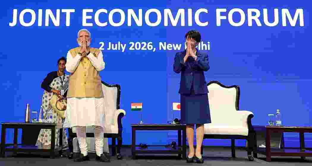 Prime Minister Narendra Modi and Japanese Prime Minister Sanae Takaichi greet the gathering at the India-Japan Joint Economic Forum, in New Delhi on Thursday. Prime Minister Narendra Modi and Japanese Prime Minister Sanae Takaichi greet the gathering at the India-Japan Joint Economic Forum, in New Delhi on Thursday.