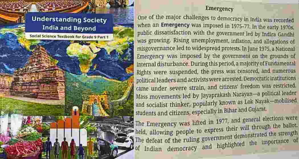 The revised NCERT Class 9 Social Science textbook that includes a new section on the 1975-77 Emergency and its impact on Indian democracy. The revised NCERT Class 9 Social Science textbook that includes a new section on the 1975-77 Emergency and its impact on Indian democracy.