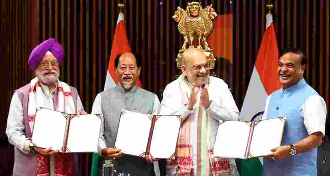Union Minister Hardeep Singh Puri, Chief Minister Neiphiu Rio, Union Home Minister Amit Shah and Assam CM Himanta Biswa Sarma in New Delhi, on Thursday. Union Minister Hardeep Singh Puri, Chief Minister Neiphiu Rio, Union Home Minister Amit Shah and Assam CM Himanta Biswa Sarma in New Delhi, on Thursday.