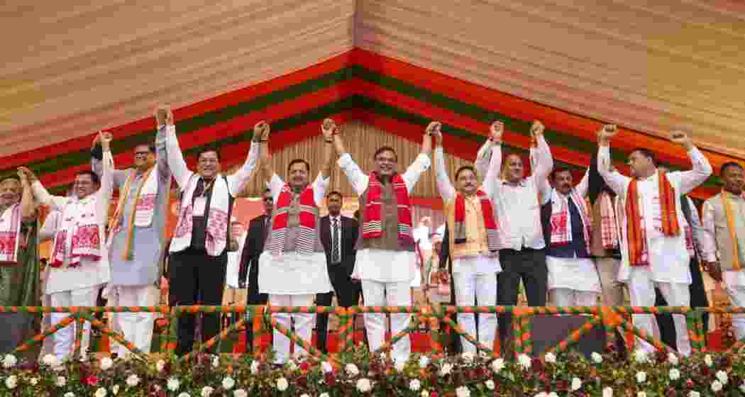 Assam CM Himanta Biswa, BJP National President Nitin Nabin, State party President Dilip Saikia and others during a public meeting, in Dibrugarh on Wednesday. Assam CM Himanta Biswa, BJP National President Nitin Nabin, State party President Dilip Saikia and others during a public meeting, in Dibrugarh on Wednesday.