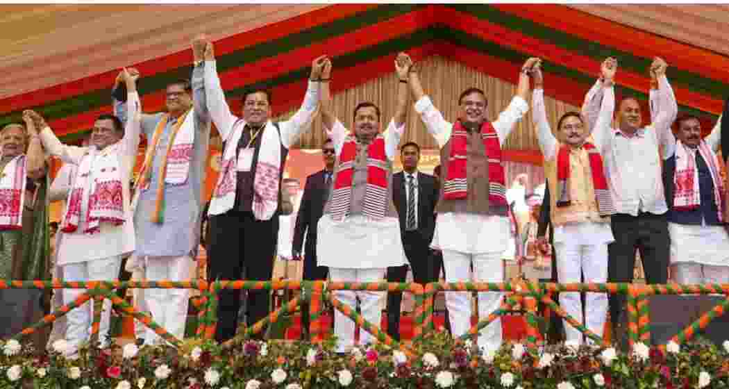 Assam CM Himanta Biswa, BJP National President Nitin Nabin, State party President Dilip Saikia and others during a public meeting, in Dibrugarh. (PTI) Assam CM Himanta Biswa, BJP National President Nitin Nabin, State party President Dilip Saikia and others during a public meeting, in Dibrugarh. (PTI)