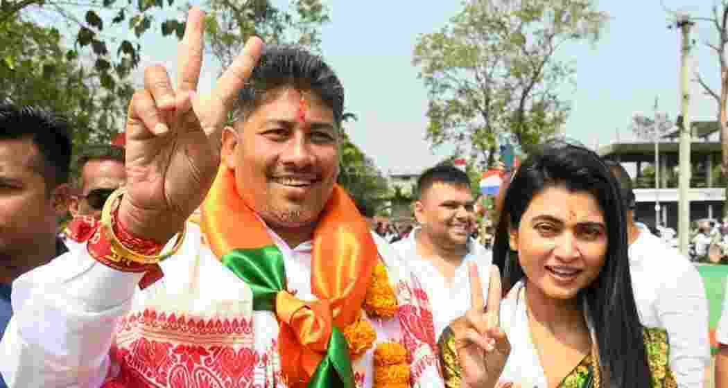 Assam minister Pijush Hazarika poses for a photograph after winning Jagiroad seat. Assam minister Pijush Hazarika poses for a photograph after winning Jagiroad seat.