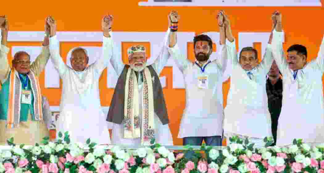 Prime Minister Narendra Modi with NDA leaders during an election campaign rally in Patna, Bihar. The coalition gears up for upcoming Rajya Sabha polls amid heightened political activity in the state. Prime Minister Narendra Modi with NDA leaders during an election campaign rally in Patna, Bihar. The coalition gears up for upcoming Rajya Sabha polls amid heightened political activity in the state.