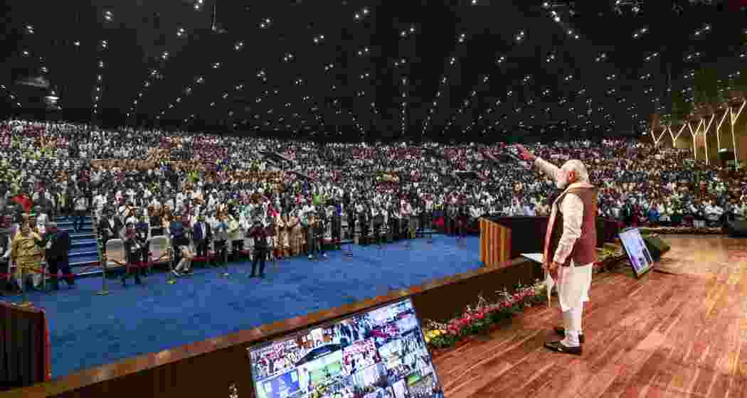 Prime Minister Narendra Modi during the foundation stone laying and inauguration ceremony of various development works in Guwahati, Assam on Friday. Prime Minister Narendra Modi during the foundation stone laying and inauguration ceremony of various development works in Guwahati, Assam on Friday.