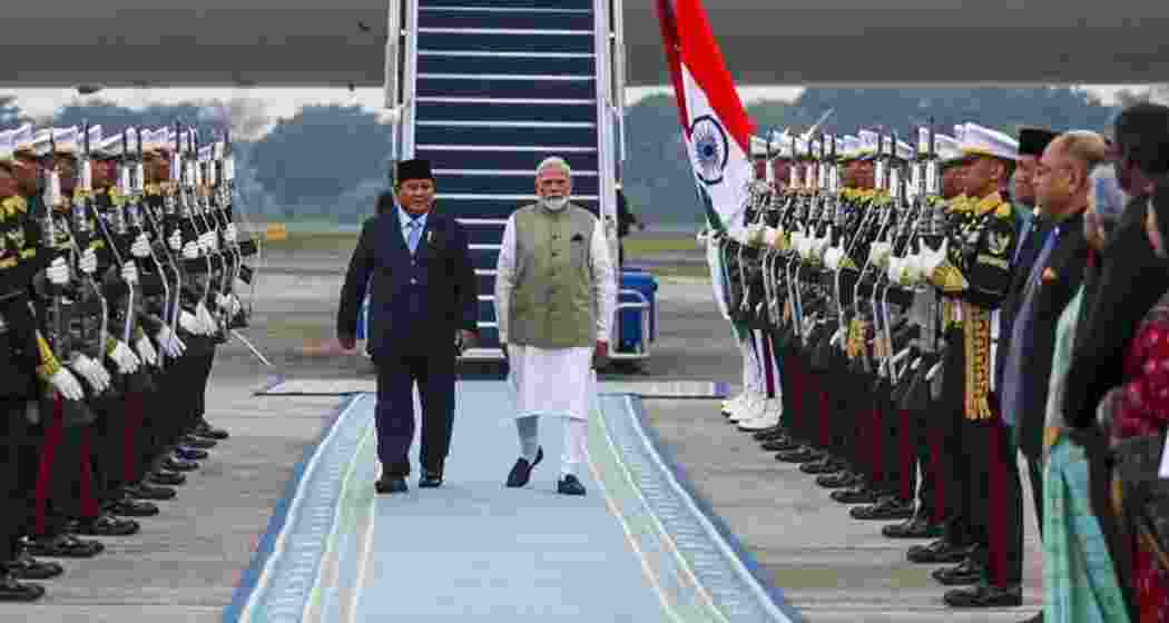 Prime Minister Narendra Modi with Indonesian President Prabowo Subianto after his arrival in Jakarta on Monday. Prime Minister Narendra Modi with Indonesian President Prabowo Subianto after his arrival in Jakarta on Monday.