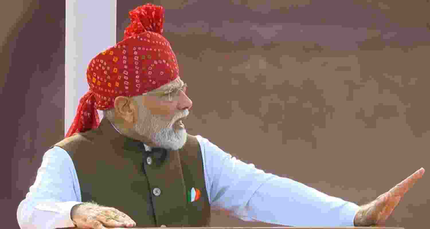 PM Modi during his address to the nation on 80th Independence Day. PM Modi during his address to the nation on 80th Independence Day.