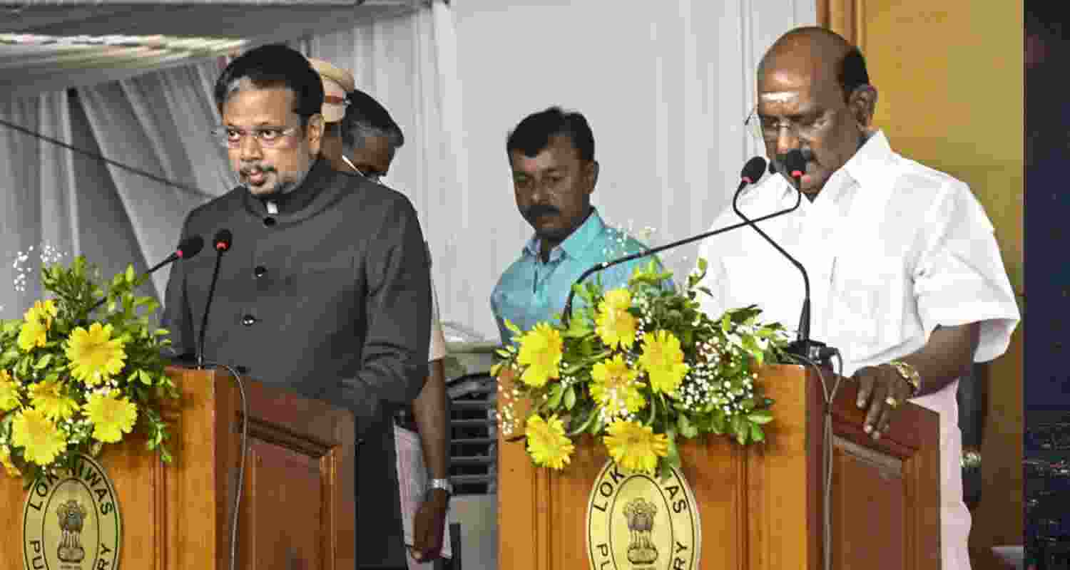AINRC and BJP MLAs P Rajavelu, V P Sivakolundhu and G N S Rajasekaran were sworn in as ministers, taking Puducherry's cabinet to six. AINRC and BJP MLAs P Rajavelu, V P Sivakolundhu and G N S Rajasekaran were sworn in as ministers, taking Puducherry's cabinet to six.
