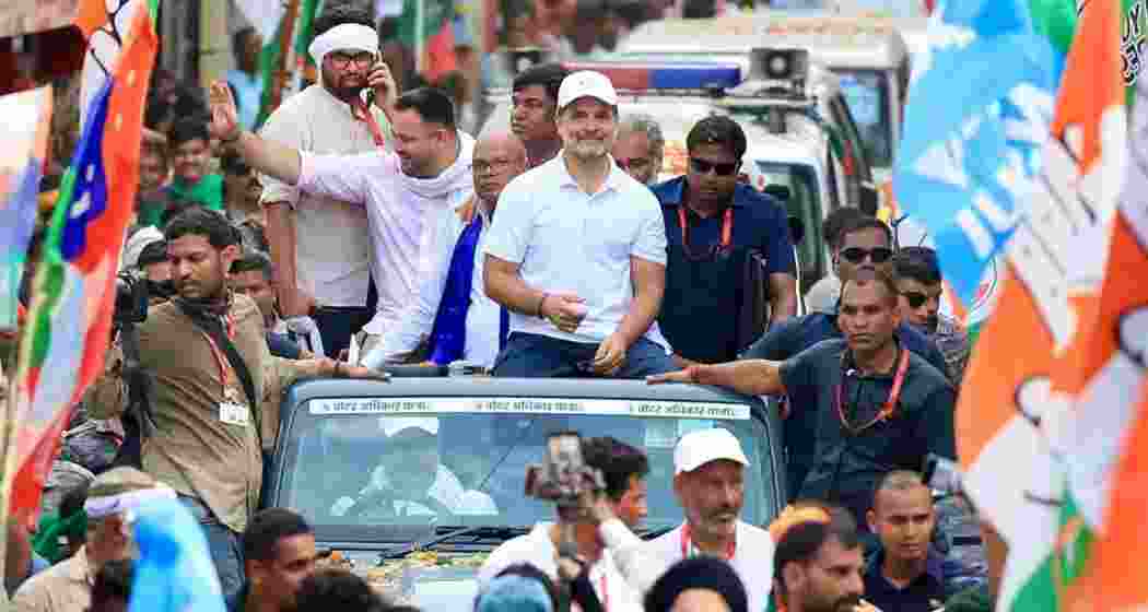 Congress leader Rahul Gandhi with RJD leader Tejashwi Yadav during the 'Voter Adhikar Yatra' in Bihar Congress leader Rahul Gandhi with RJD leader Tejashwi Yadav during the 'Voter Adhikar Yatra' in Bihar