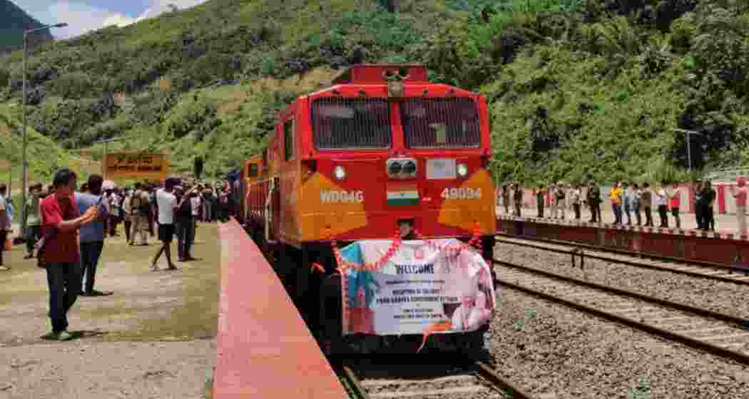 The rice-laden goods train reaches Khongsang Railway Station in Manipur's Noney District on Saturday. The rice-laden goods train reaches Khongsang Railway Station in Manipur's Noney District on Saturday.