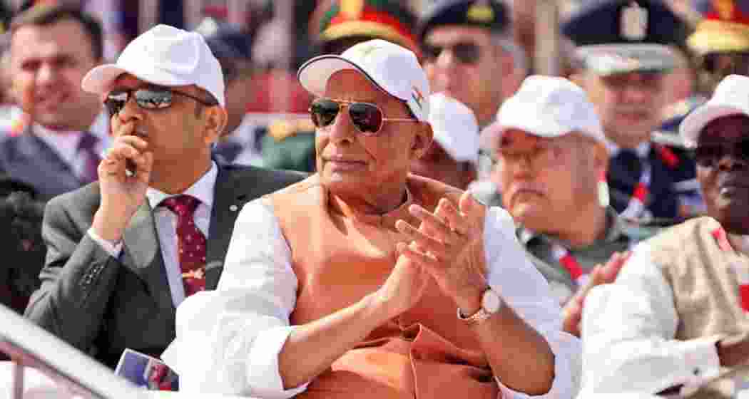 Defense Minister Rajnath Singh at the 15th edition of Aero India at Bengaluru's Yelahanka Air Force Station on Monday. Defense Minister Rajnath Singh at the 15th edition of Aero India at Bengaluru's Yelahanka Air Force Station on Monday.