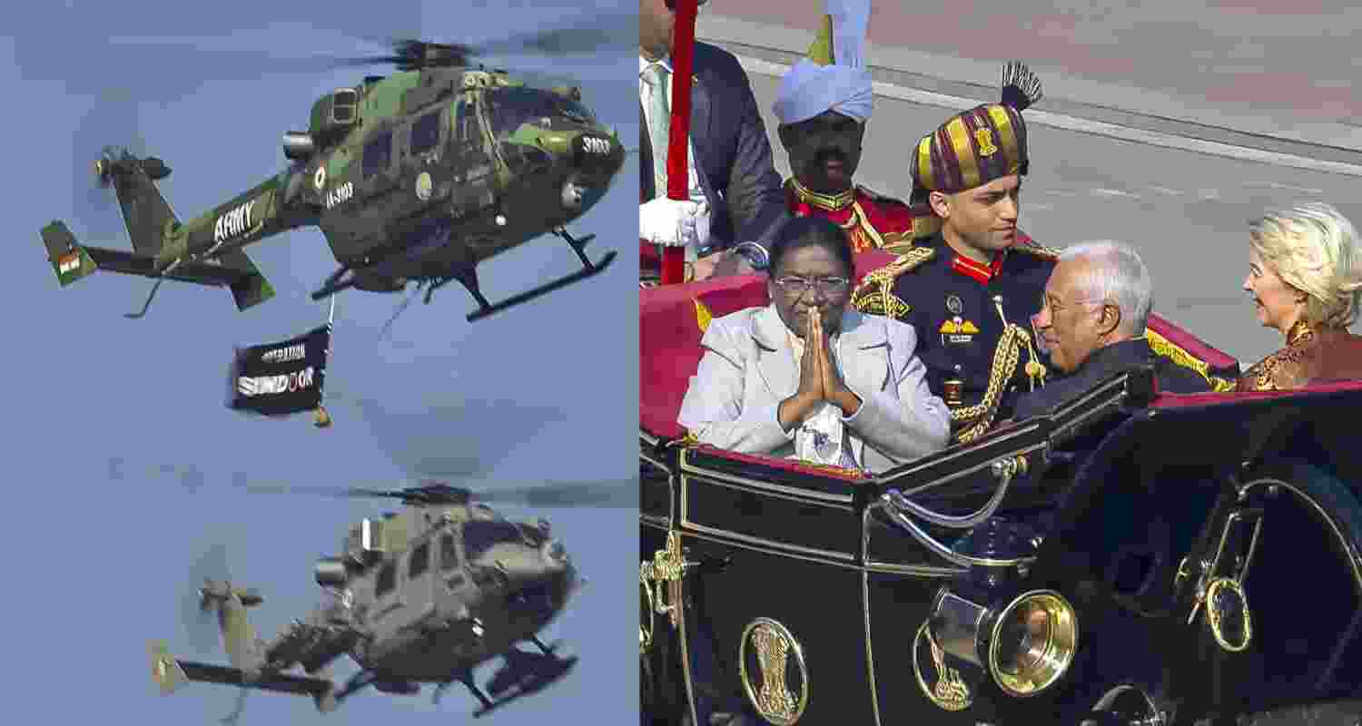 Military helicopters during Parade (left), President Droupadi Murmu arrives with European Commission President Ursula von der Leyen and European Council President Antonio Costa during the 77th Republic Parade (right). Military helicopters during Parade (left), President Droupadi Murmu arrives with European Commission President Ursula von der Leyen and European Council President Antonio Costa during the 77th Republic Parade (right).