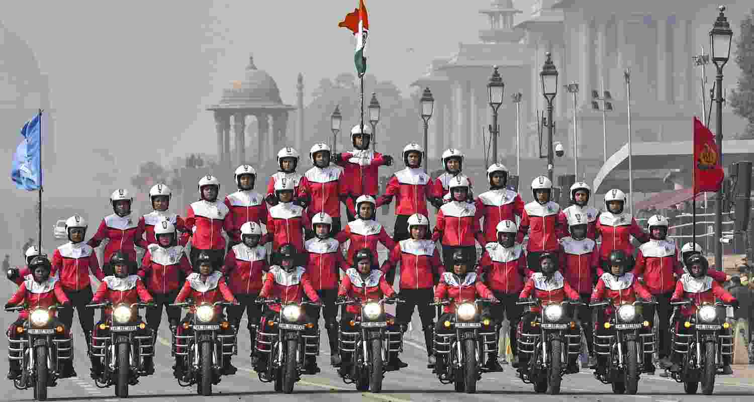 Central Reserve Police Force (CRPF) and Sashastra Seema Bal (SSB) personnel form a motorcycle formation during rehearsals for Republic Day, at Kartavya Path in New Delhi Central Reserve Police Force (CRPF) and Sashastra Seema Bal (SSB) personnel form a motorcycle formation during rehearsals for Republic Day, at Kartavya Path in New Delhi
