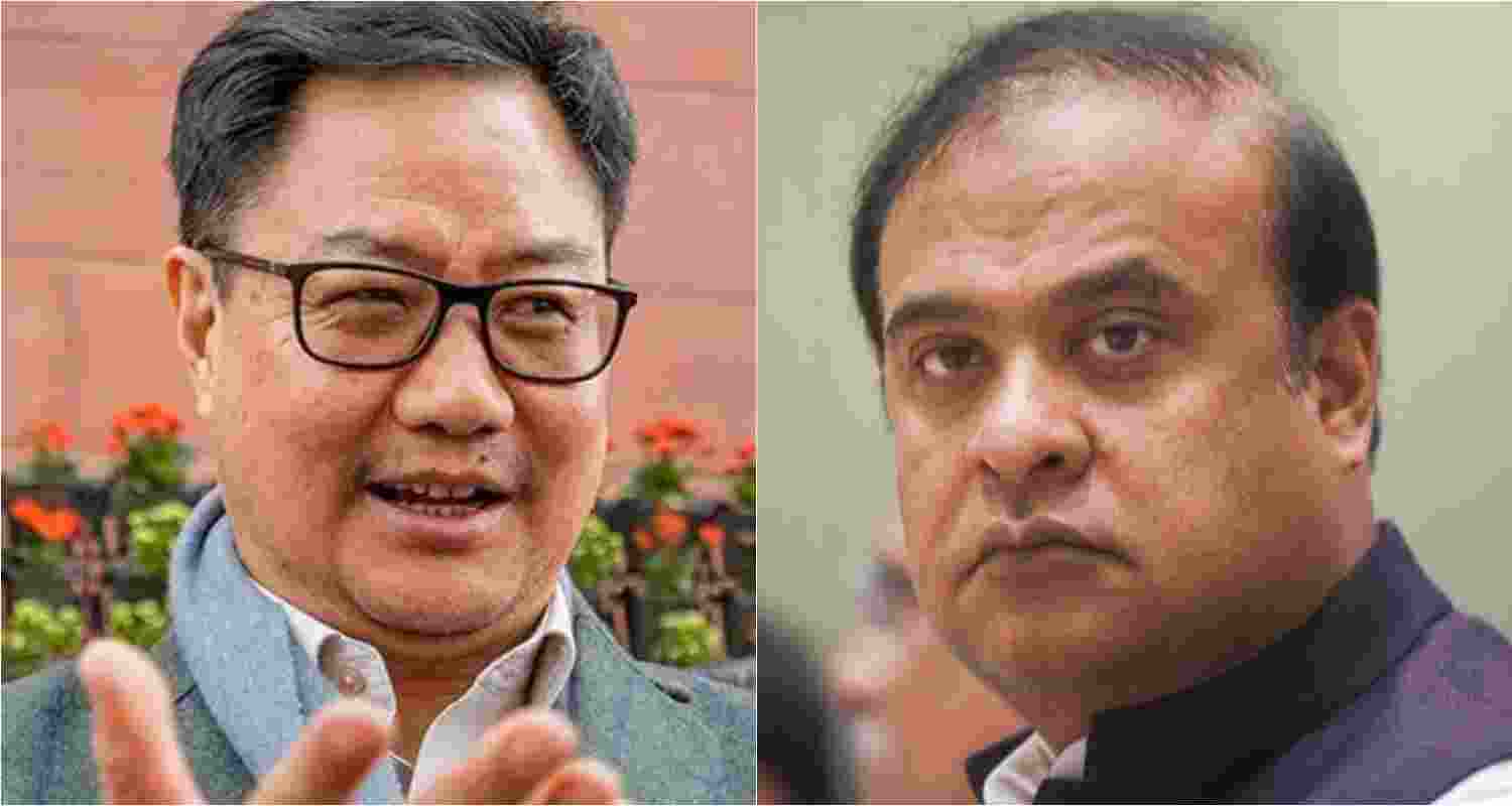 During a poll campaign, Assam Chief Minister Himanta Biswa Sarma (R) contradicted Union Minister of Earth Sciences Kiren Rijiju's (L) claim, refuting any agreement regarding the resettlement of Chakma-Hajong refugees in Assam. During a poll campaign, Assam Chief Minister Himanta Biswa Sarma (R) contradicted Union Minister of Earth Sciences Kiren Rijiju's (L) claim, refuting any agreement regarding the resettlement of Chakma-Hajong refugees in Assam.