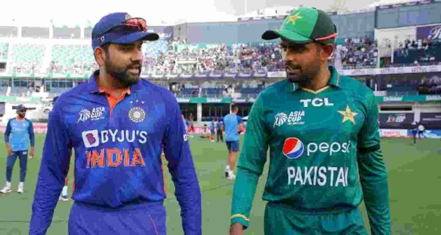 Indian skipper Rohit Sharma with former Pakistan captain Babar Azam, walking at the Wankhede stadium. Indian skipper Rohit Sharma with former Pakistan captain Babar Azam, walking at the Wankhede stadium.