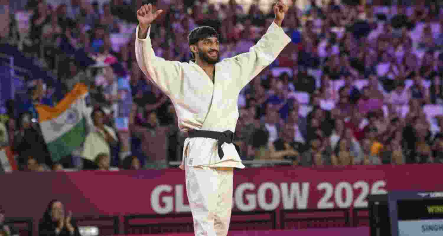 India's Harsh Singh celebrates after winning the men's 60kg final judo match against Australia's Joshua Katz at the 23rd Commonwealth Games in Glasgow, Scotland. India's Harsh Singh celebrates after winning the men's 60kg final judo match against Australia's Joshua Katz at the 23rd Commonwealth Games in Glasgow, Scotland.