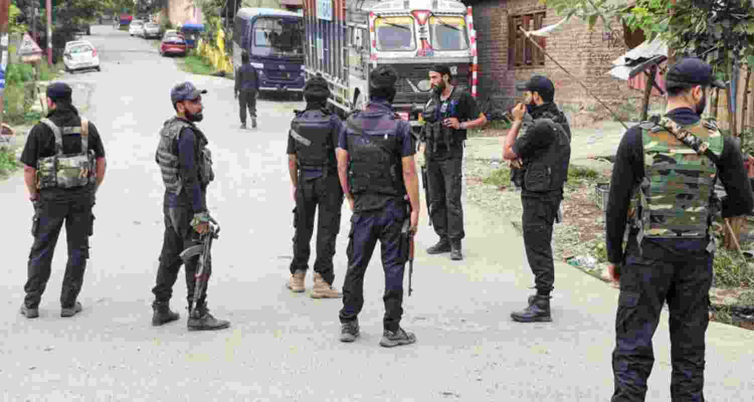 Security forces on alert during an encounter with terrorists in the Akhal area of Kulgam district, Jammu and Kashmir, on Saturday. Security forces on alert during an encounter with terrorists in the Akhal area of Kulgam district, Jammu and Kashmir, on Saturday.