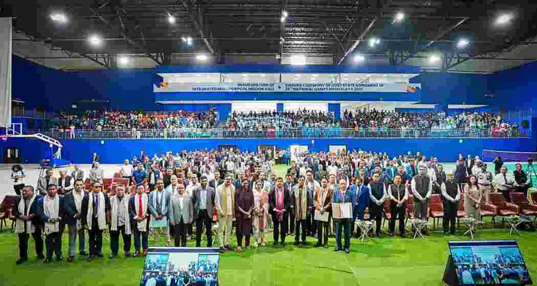 Meghalaya Chief Minister Conrad K. Sangma, accompanied by Union Sports Minister Mansukh Mandaviya and other dignitaries, poses for a photograph inside the ₹132.9-crore Integrated Hospitality & Sports Complex at Shillong’s JN Sports Complex on Saturday. Meghalaya Chief Minister Conrad K. Sangma, accompanied by Union Sports Minister Mansukh Mandaviya and other dignitaries, poses for a photograph inside the ₹132.9-crore Integrated Hospitality & Sports Complex at Shillong’s JN Sports Complex on Saturday.