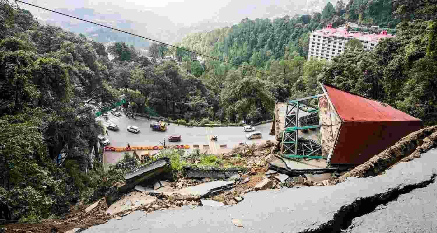 Damaged road after massive landslide at Baluganj due to Monsoon rainfall, in Shimla, Wednesday, Aug. 21, 2024. Damaged road after massive landslide at Baluganj due to Monsoon rainfall, in Shimla, Wednesday, Aug. 21, 2024.