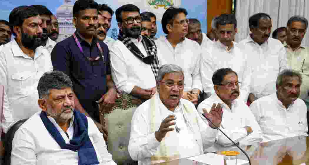 Karnataka Chief Minister Siddaramaiah addresses a press conference after announcing his resignation, in Bengaluru, Thursday, May 28, 2026. Deputy Chief Minister DK Shivakumar and senior Congress leaders are also seen. (PTI Photo/Shailendra Bhojak) Karnataka Chief Minister Siddaramaiah addresses a press conference after announcing his resignation, in Bengaluru, Thursday, May 28, 2026. Deputy Chief Minister DK Shivakumar and senior Congress leaders are also seen. (PTI Photo/Shailendra Bhojak)