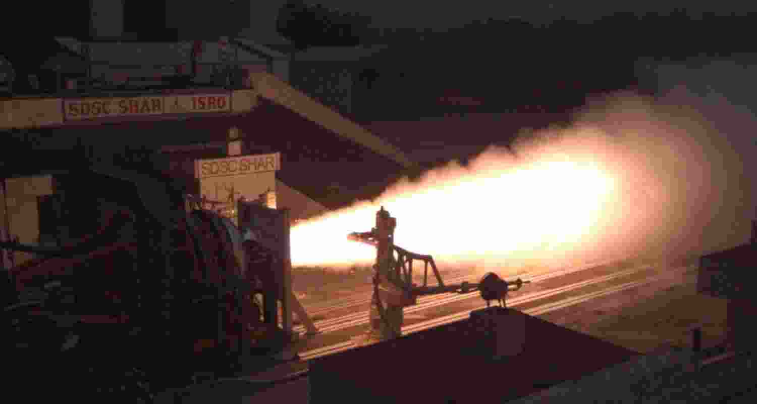 ISRO successfully conducted a static test of the improved third stage of the SSLV. ISRO successfully conducted a static test of the improved third stage of the SSLV.