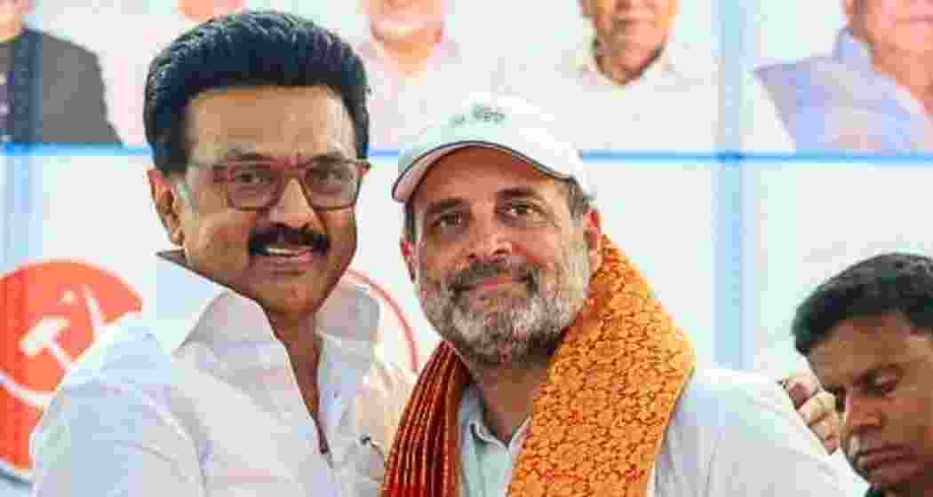 DMK's M K Stalin and Congress leader Rahul Gandhi seen together during a political event. DMK's M K Stalin and Congress leader Rahul Gandhi seen together during a political event.