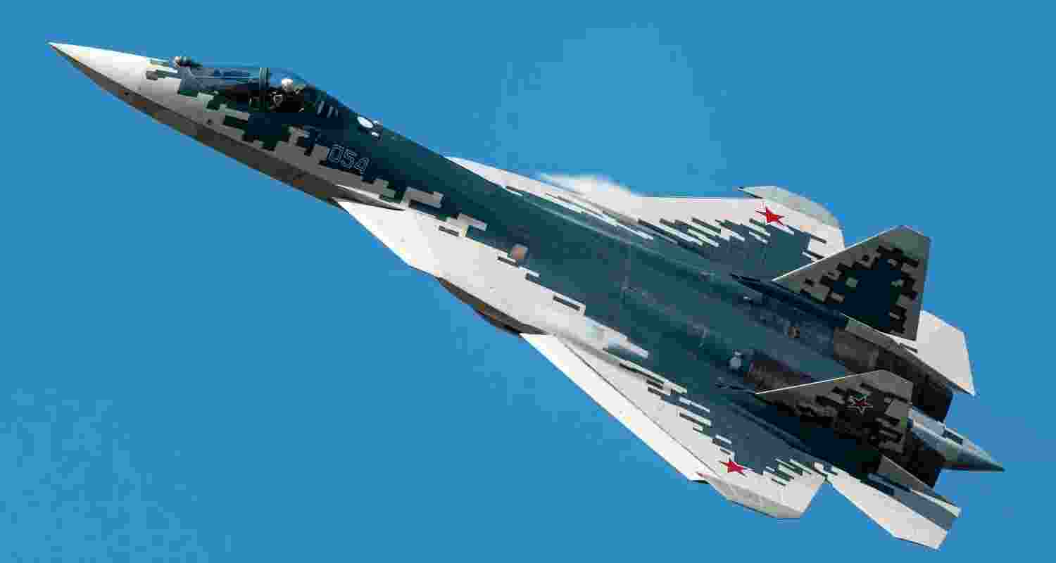 The Sukhoi-57 fighter jet in action during an airshow in Beijing, China. The Sukhoi-57 fighter jet in action during an airshow in Beijing, China.