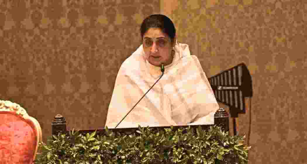 Sunetra Pawar takes the oath as Maharashtra Deputy Chief Minister at Lok Bhavan on Saturday. Sunetra Pawar takes the oath as Maharashtra Deputy Chief Minister at Lok Bhavan on Saturday.
