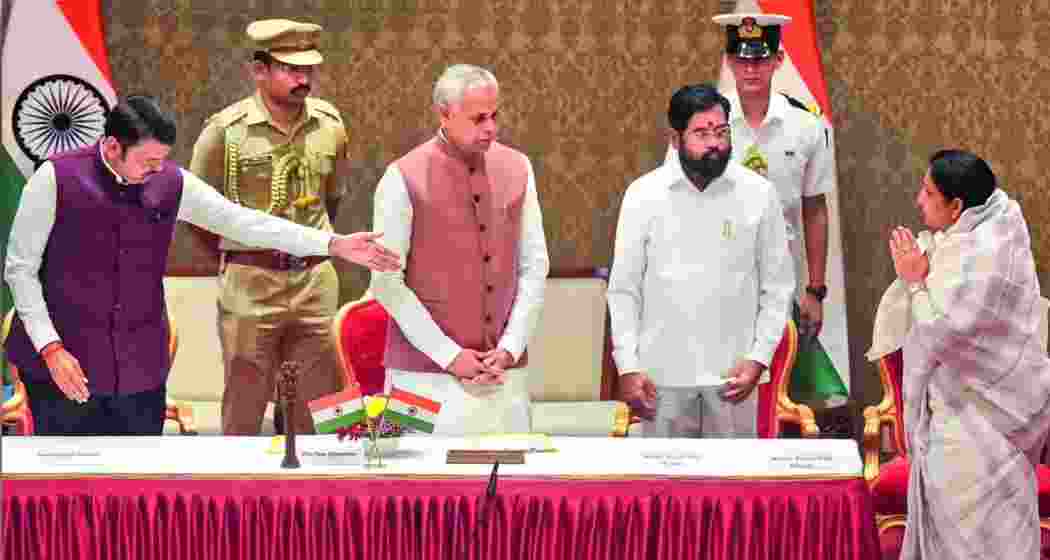 Sunetra Pawar during the swearing-in ceremony as Maharashtra’s first female Deputy Chief Minister on Sunday, in the presence of Chief Minister Eknath Shinde and Deputy CM Devendra Fadnavis, following Ajit Pawar’s death. Sunetra Pawar during the swearing-in ceremony as Maharashtra’s first female Deputy Chief Minister on Sunday, in the presence of Chief Minister Eknath Shinde and Deputy CM Devendra Fadnavis, following Ajit Pawar’s death.