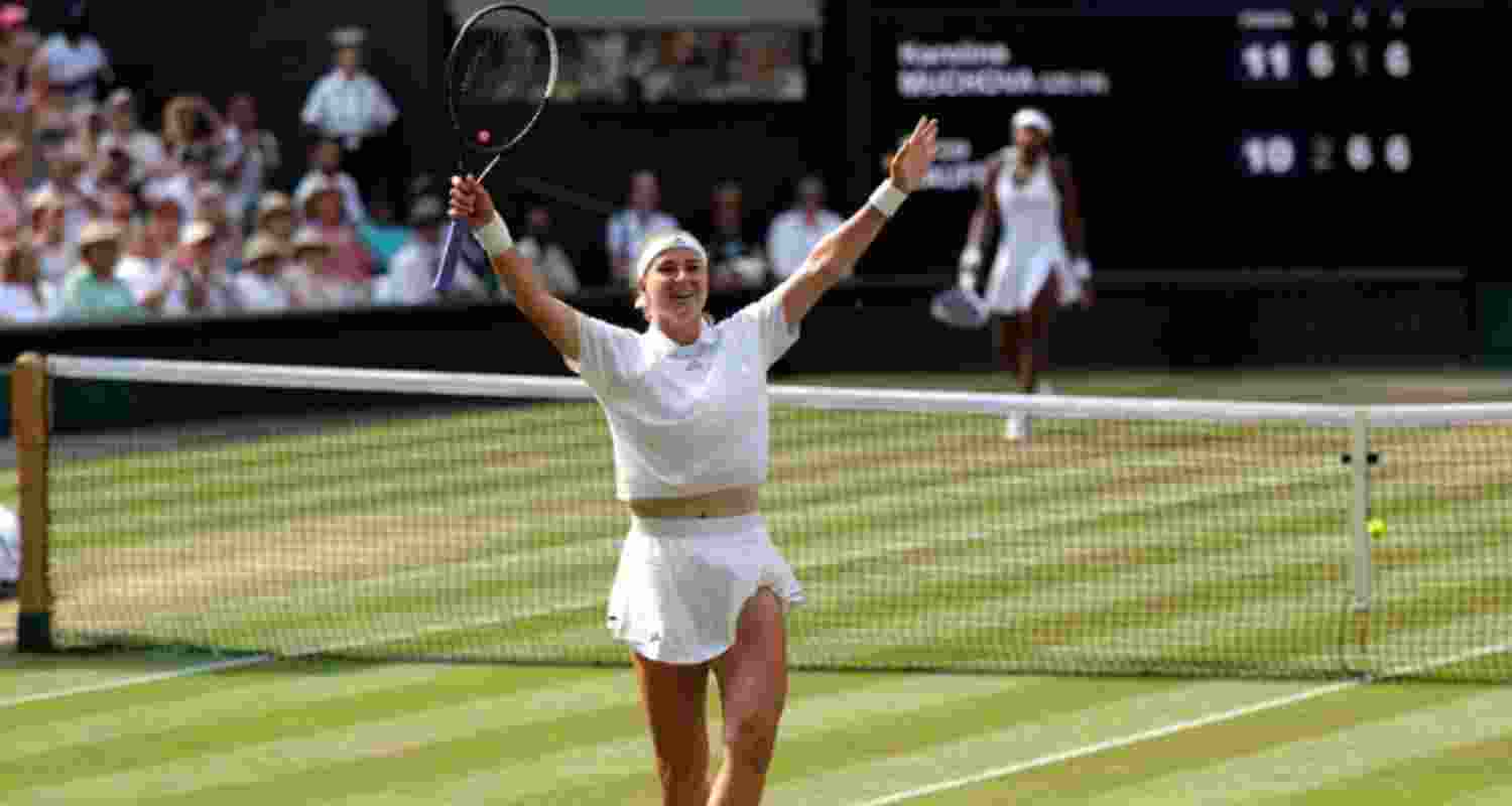 Czech Republic's Karolina Muchova celebrates after winning her Wimbledon semifinal against Coco Gauff of the US. Czech Republic's Karolina Muchova celebrates after winning her Wimbledon semifinal against Coco Gauff of the US.